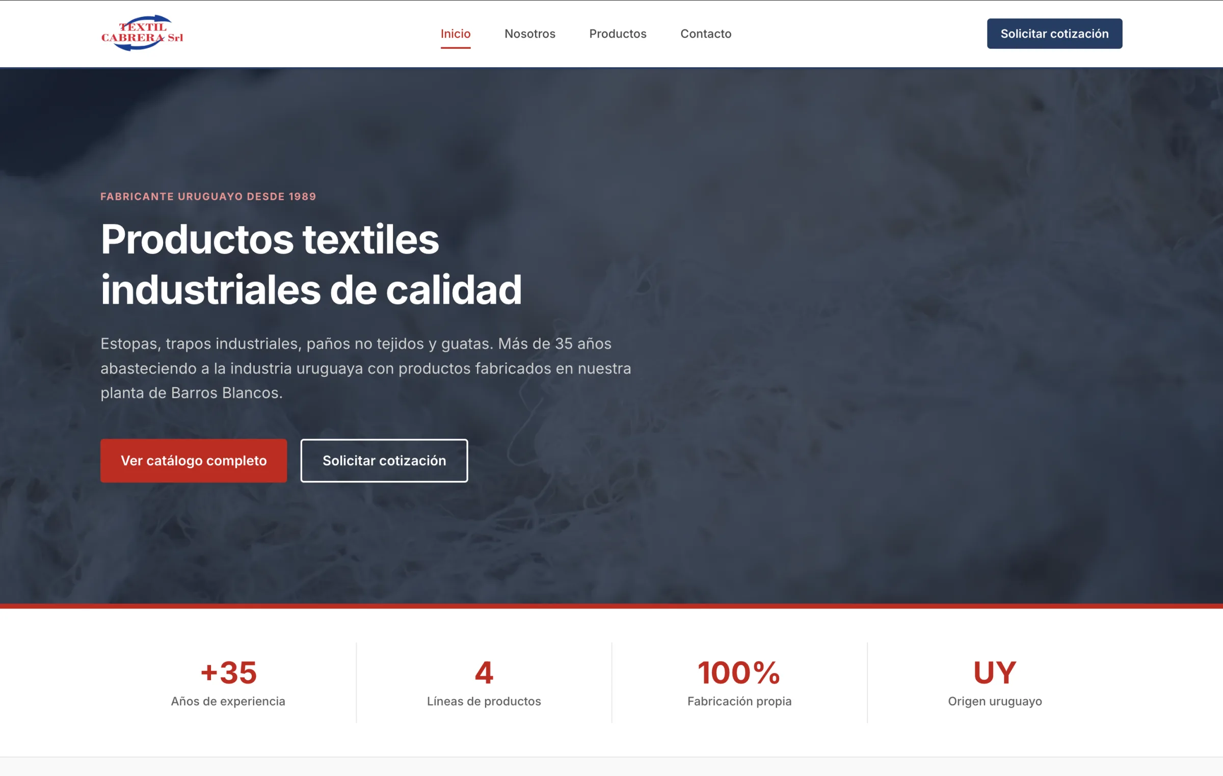 Textil Cabrera's home page: “Productos textiles industriales de calidad”, with buttons to see the catalogue and request a quote.