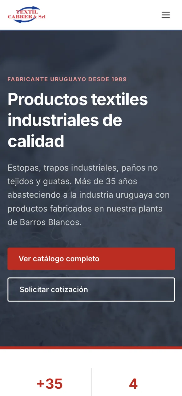 Textil Cabrera en el celular: el titular y los botones para ver el catálogo y pedir cotización.